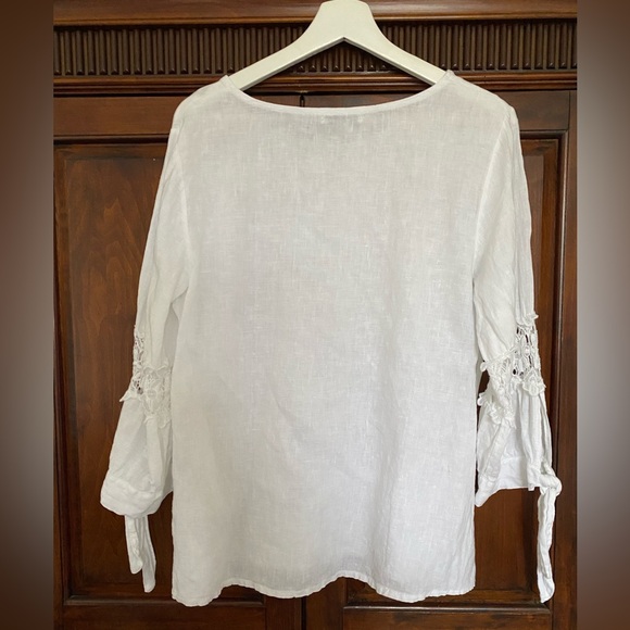 Italian Linen Crochet Lace  Sleeve tie cuff  pullover Tunic Blouse Size Large - Picture 2 of 13